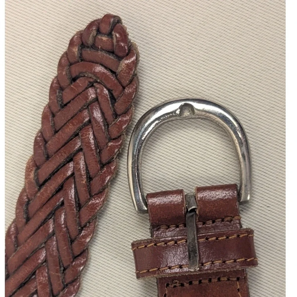Sm Vintage Brown Braided Genuine Leather Belt Silver Buckle Woven Boho Unisex